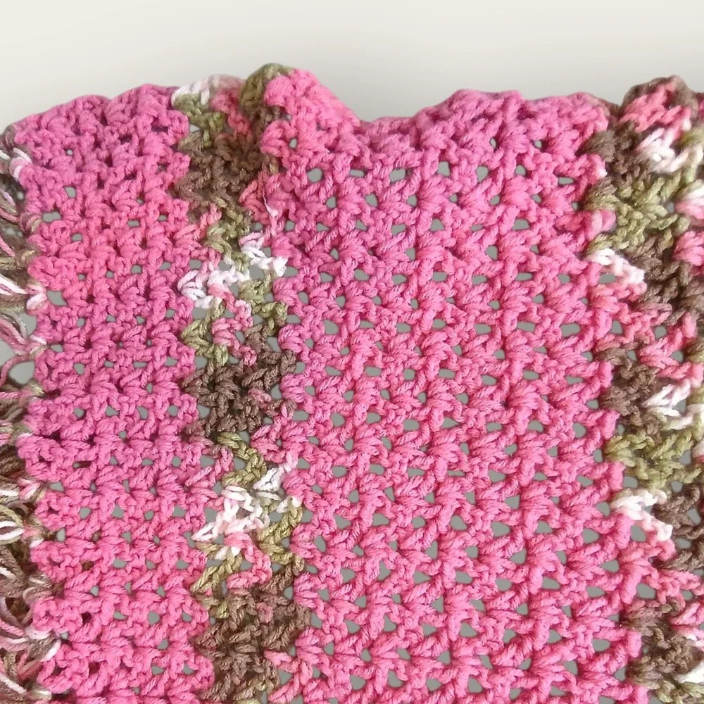 Handmade‎ Pink Brown Crochet Blanket Throw Fringe Stripes Soft Cozy Home Decor